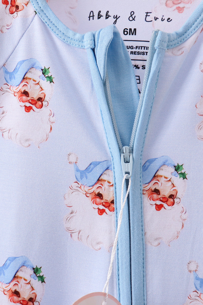 Blue santa bamboo pajama zipper romper