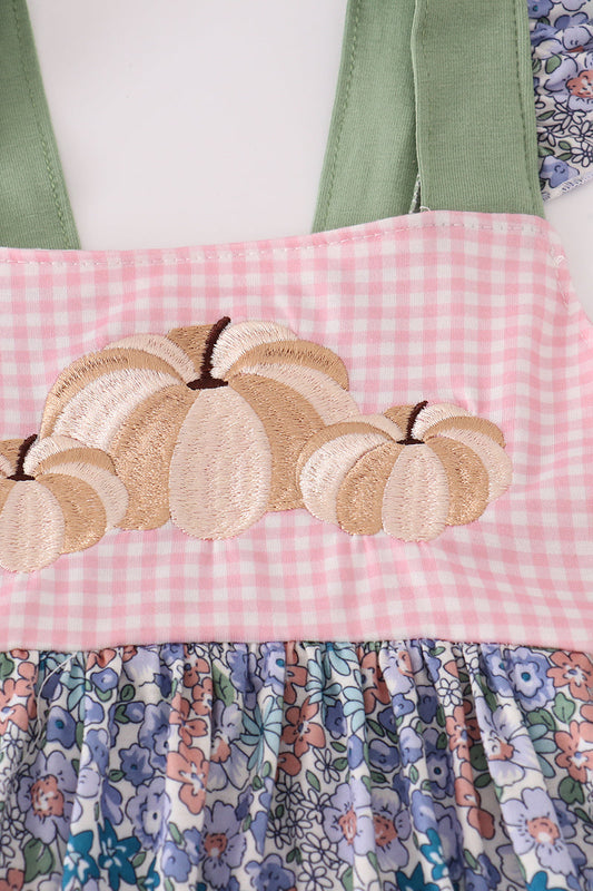 Blue floral pumpkin embroidery ruffle pants set