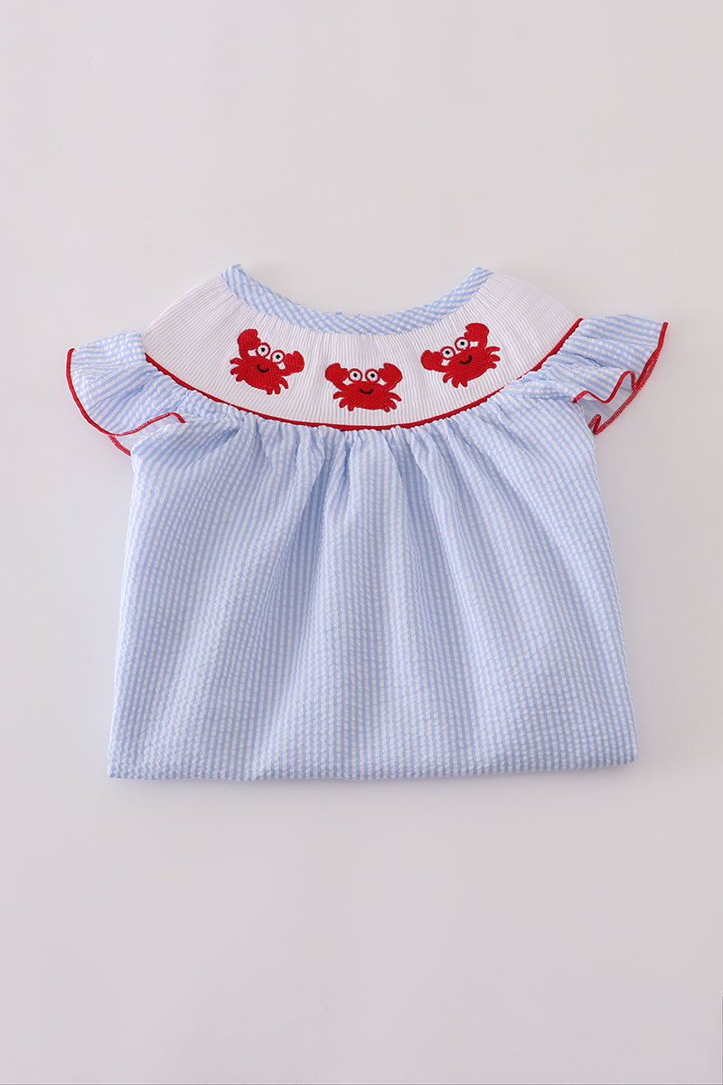 Blue seersucker crab embroidery smocked dress
