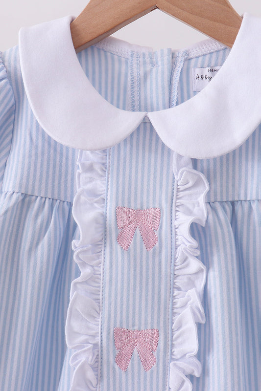 Premium blue stripe bow embroidery dress