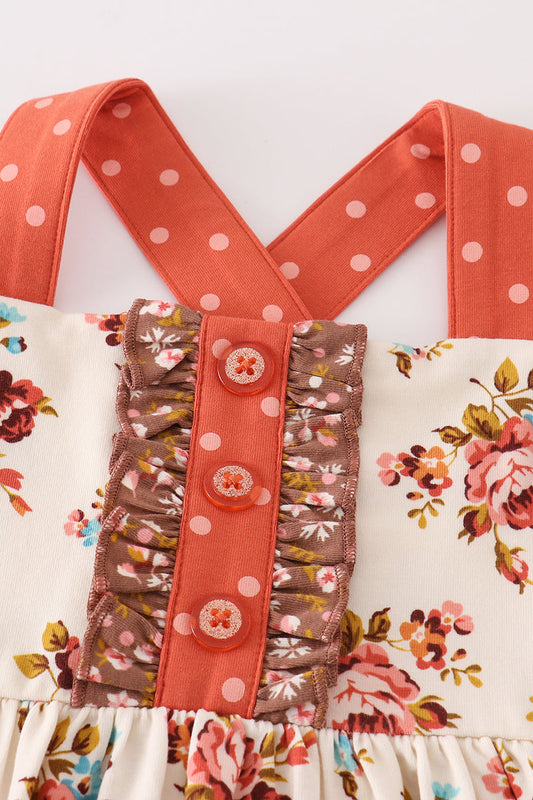 Platinum rust floral print apron ruffle dress