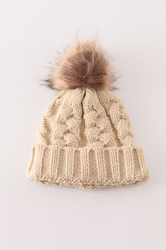 Beige pompom cable beanie