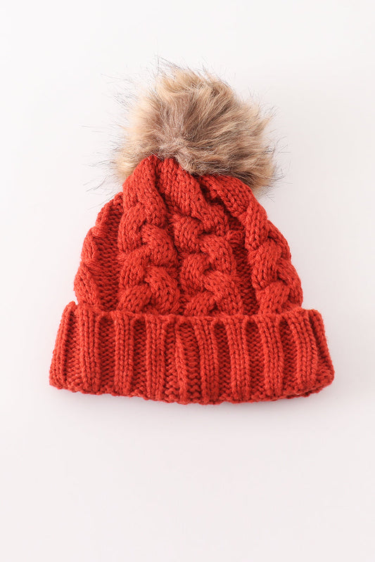 Caramel pompom cable beanie