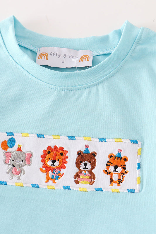 Blue animals birthday embroidery boy set