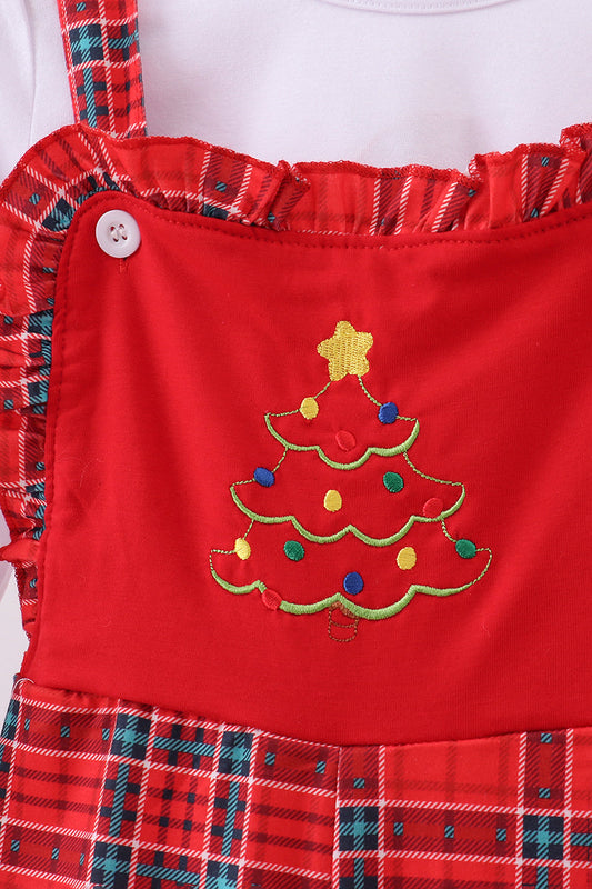 Red tree embroidery plaid ruffle jumpsuit set