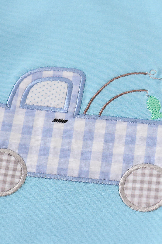 Blue truck fishing applique shorts set
