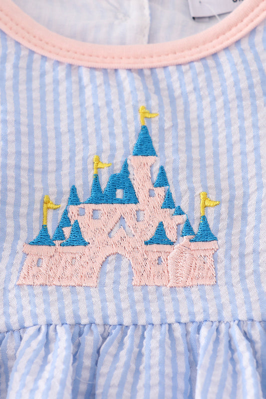 Blue stripe seersucker castle embroidery ruffle bubble