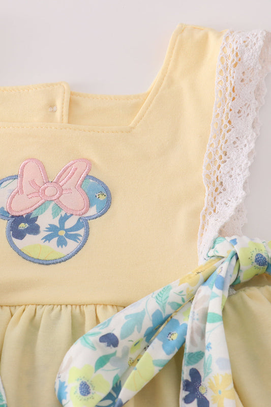 Yellow floral character applique shorts set