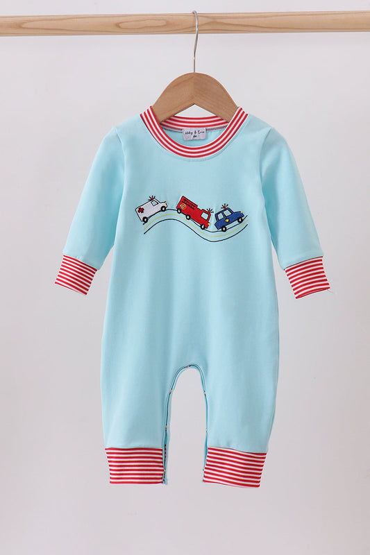 Blue vehicle emboridery romper