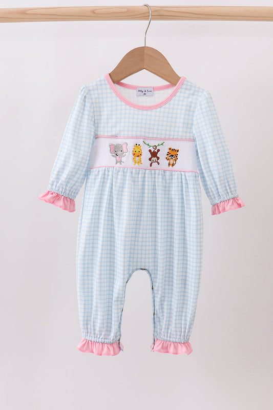 Blue animal smocked ruffle romper