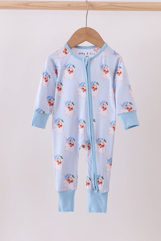 Blue santa bamboo pajama zipper romper