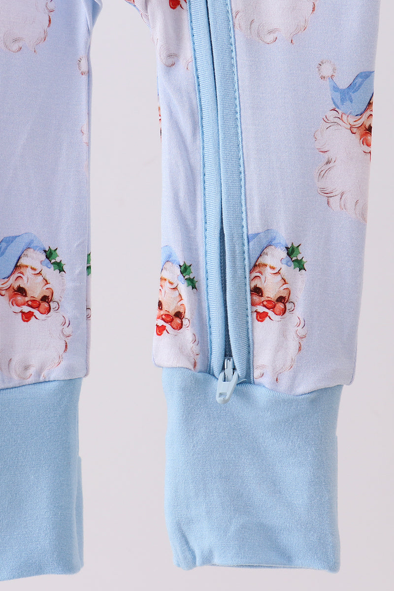 Blue santa bamboo pajama zipper romper