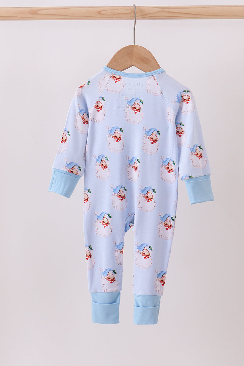 Blue santa bamboo pajama zipper romper