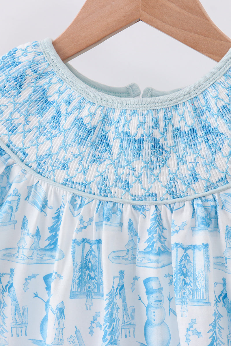 Blue snowman christmas tree smocked ruffle pants set