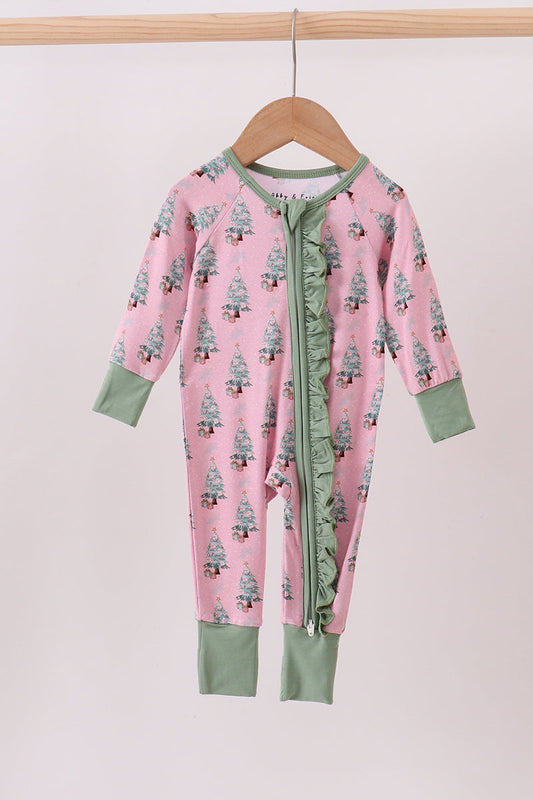 Pink christmas tree bamboo ruffle zipper romper