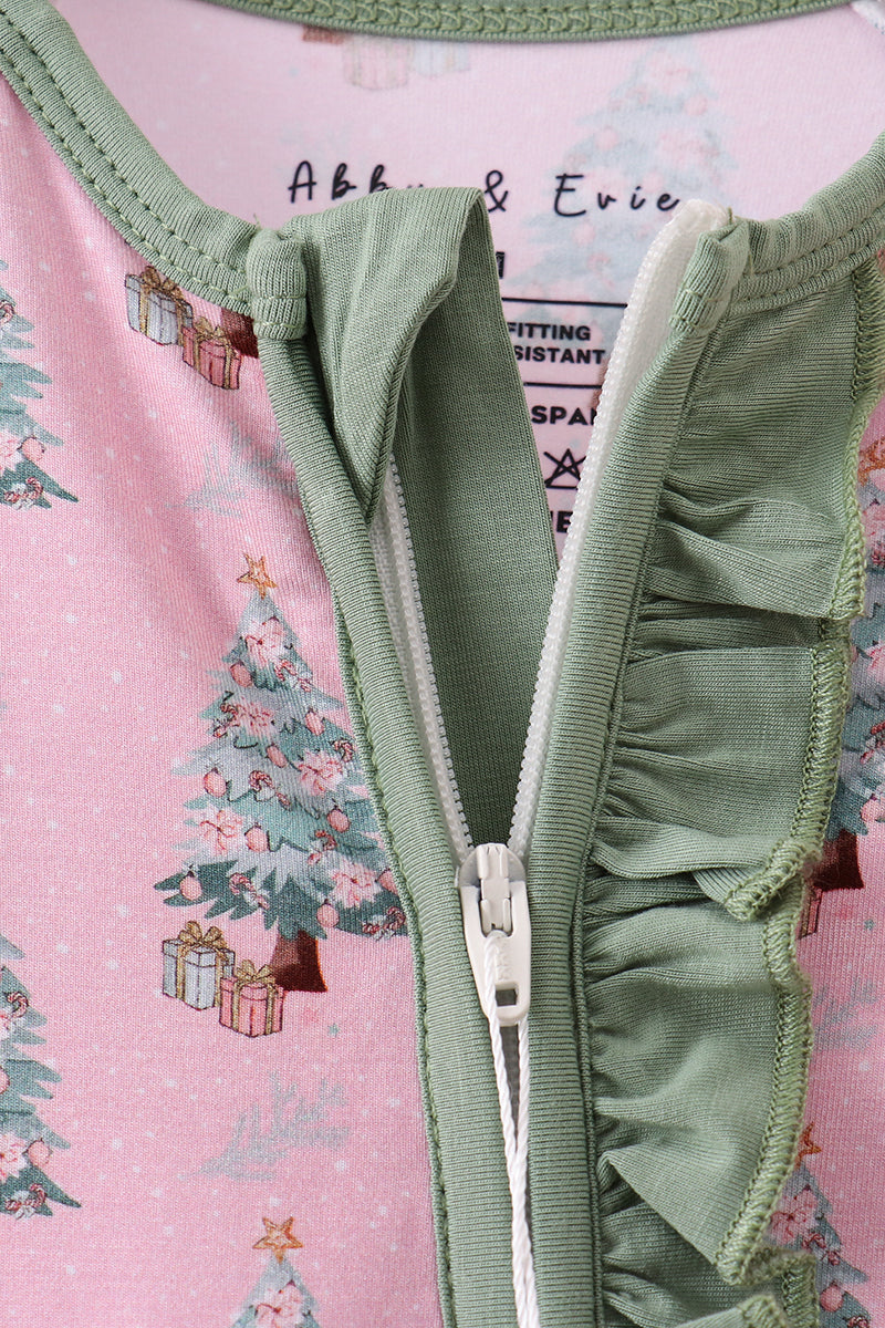 Pink christmas tree bamboo ruffle zipper romper