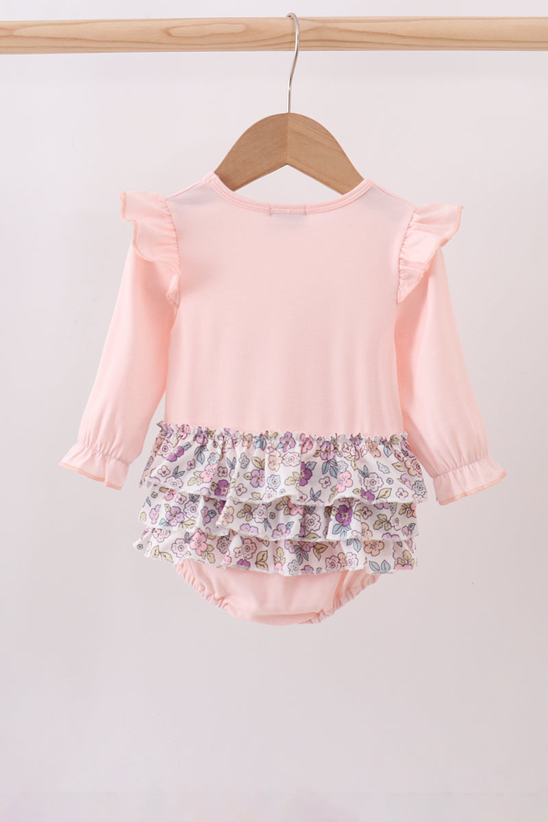 Pink floral bow applique ruffle bubble