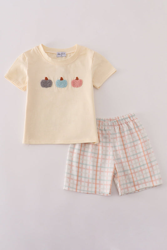 Neutral plaid french knot shorts set