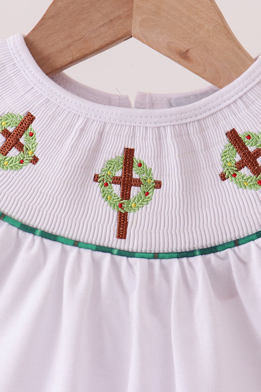 White wreath smocked romper