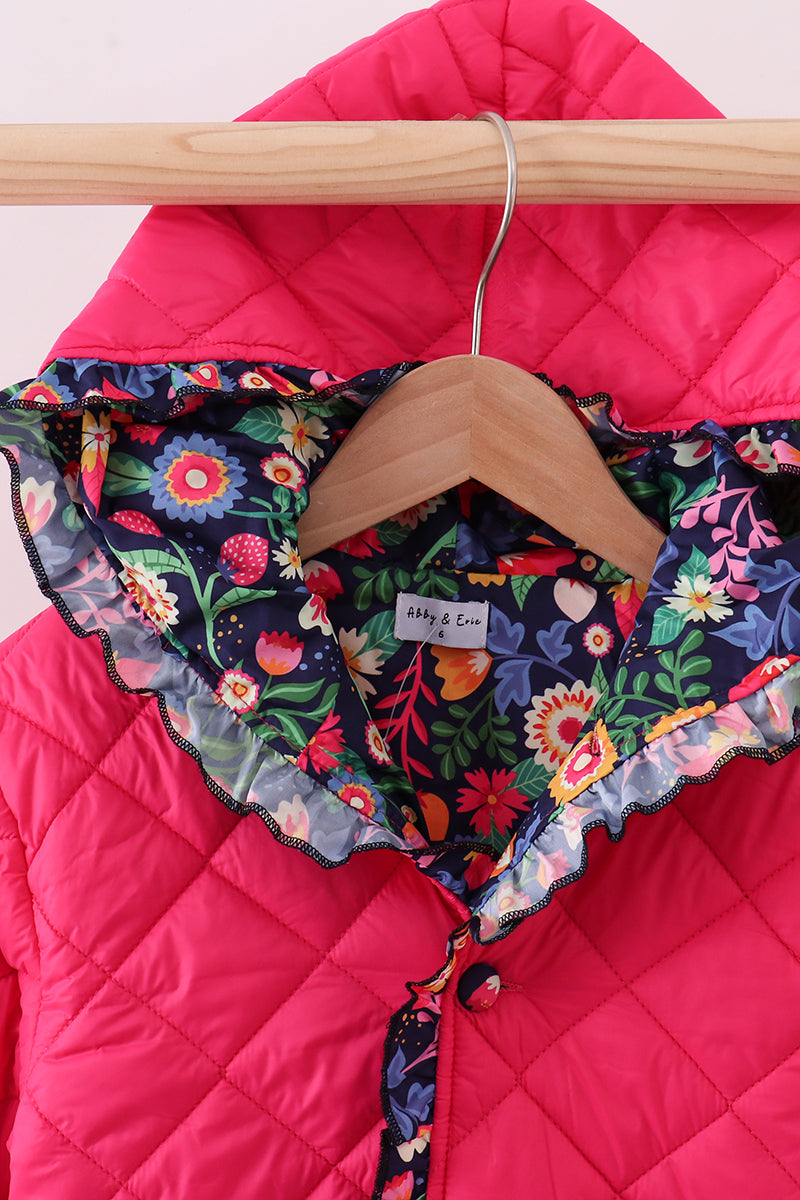 Magenta print ruffle quilted jacket