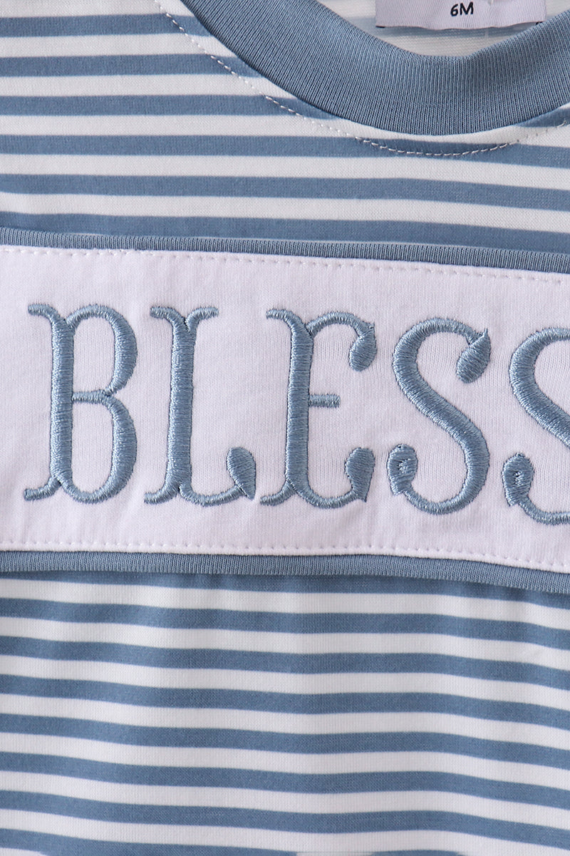 Blue stripe blessed embroidery romper