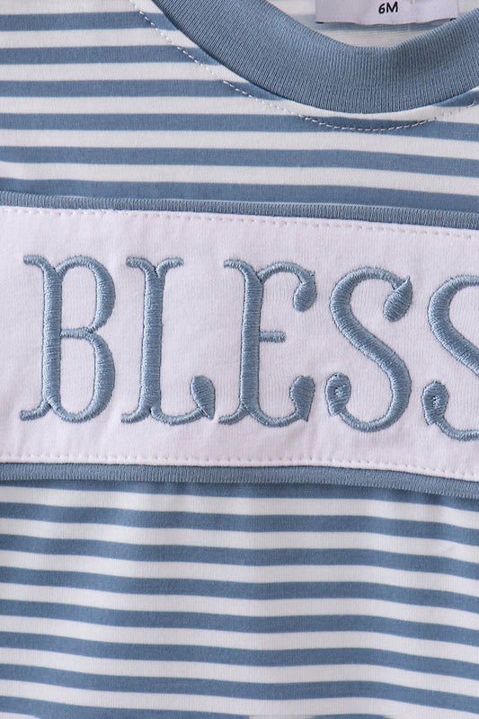 Blue stripe blessed embroidery romper