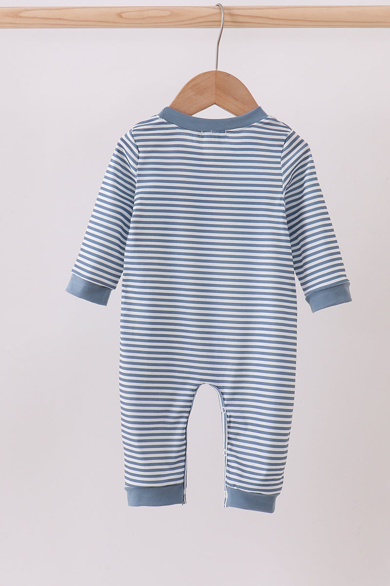 Blue stripe blessed embroidery romper