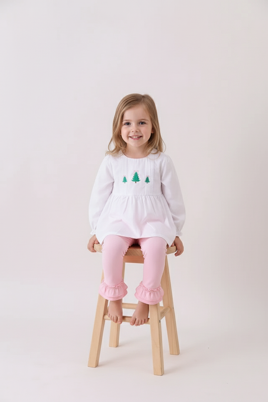 Premium white christmas tree embroidery ruffle pants set