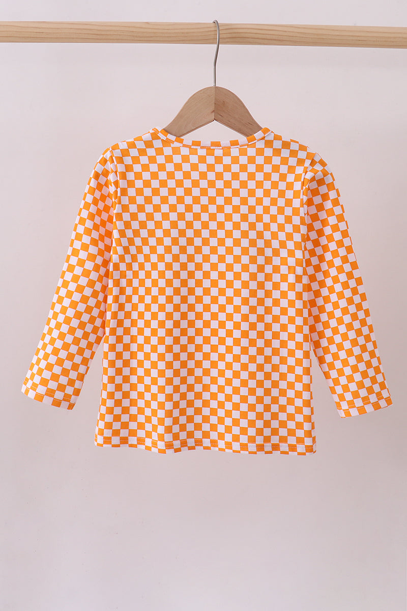 Orange Tennessee puppy bow embroidery checkered top