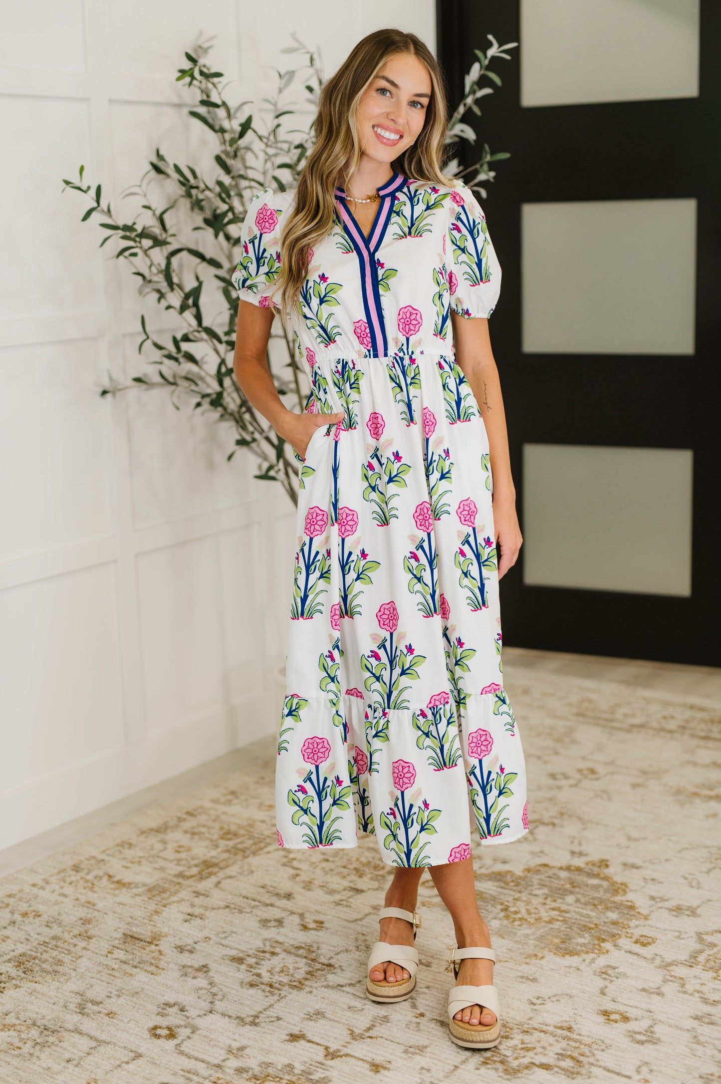 PREORDER: Boho V-Neck Balloon Sleeve Dress in Floral Print