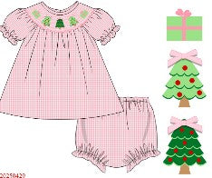 Pink christmas tree hand smocked bloomer set