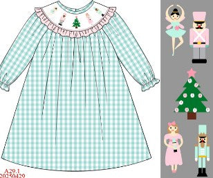 Mint christmas nutcracker hand smocked gingham dress