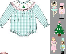 Mint christmas nutcracker hand smocked gingham bubble