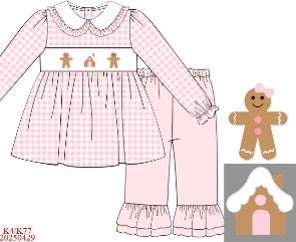 Pink gingerbread hand smocked gingham ruffle pants set