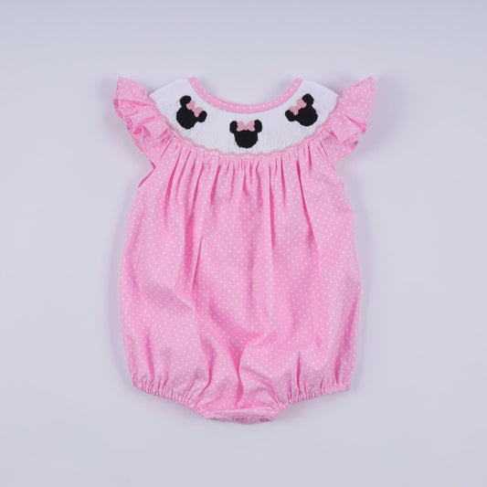 Pink character hand smocked dot ruffle bubble