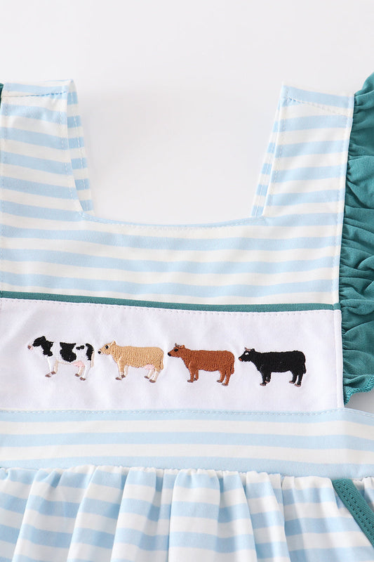 Blue stripe cow embroidery dress
