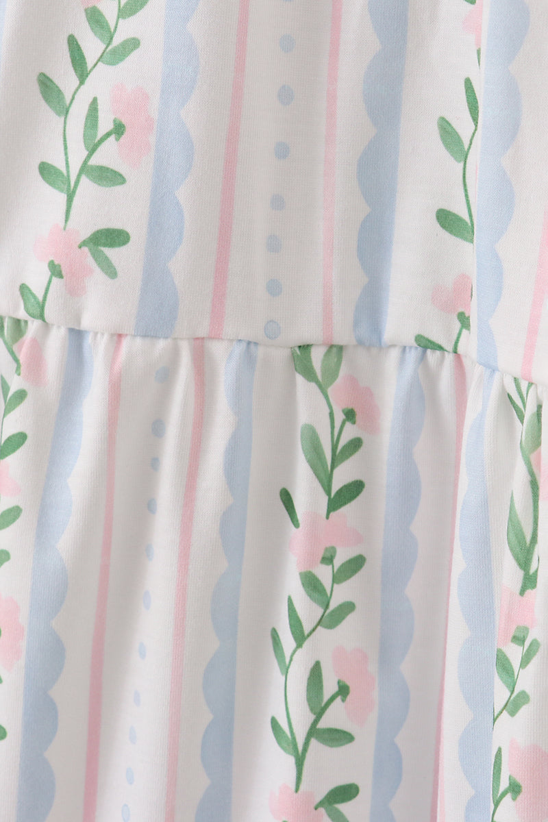 Blue floral print smocked women dress