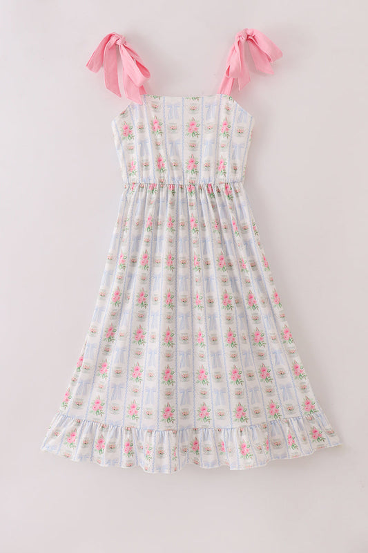 Tea floral bow ruffle women dress