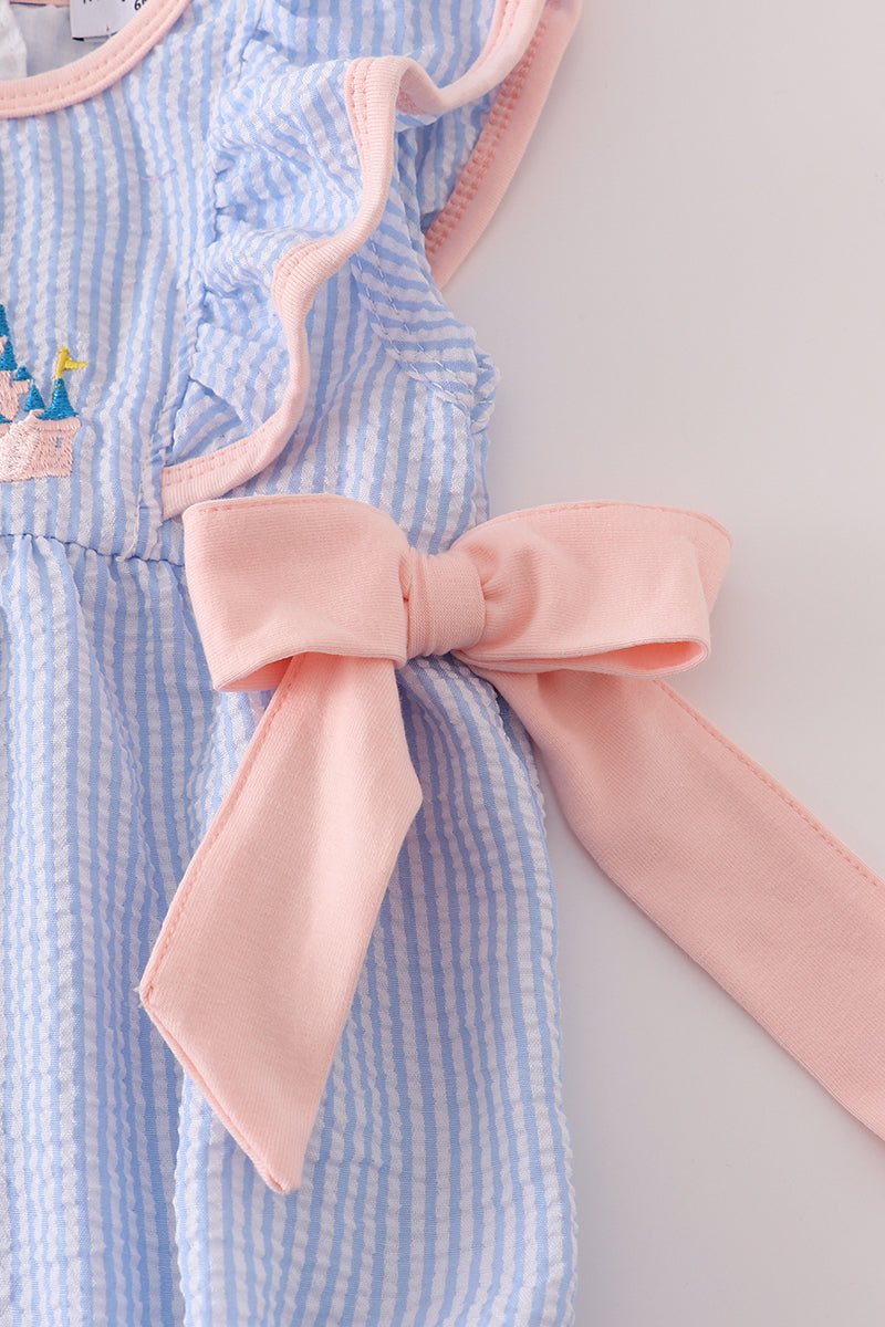 Blue stripe seersucker castle embroidery ruffle bubble