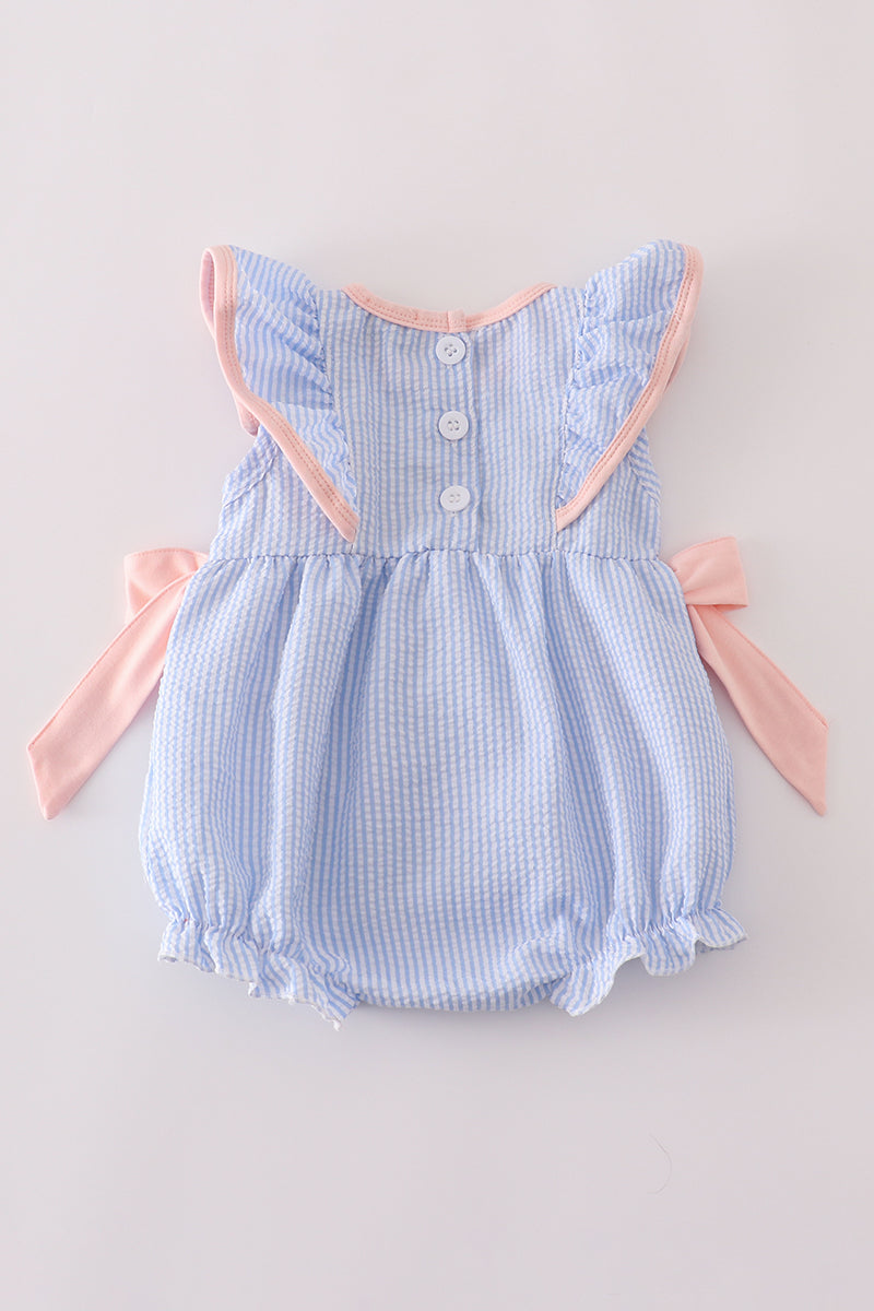 Blue stripe seersucker castle embroidery ruffle bubble