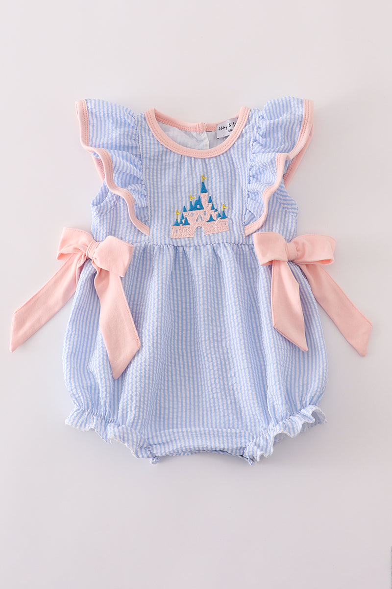 Blue stripe seersucker castle embroidery ruffle bubble