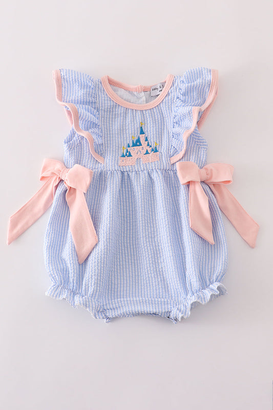 Blue stripe seersucker castle embroidery ruffle bubble