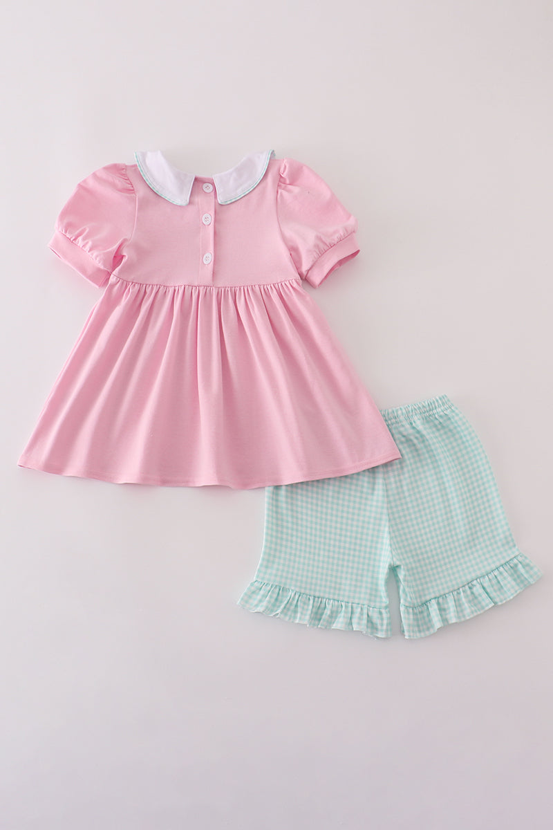 Pink teapot embroidery puff sleeve shorts set