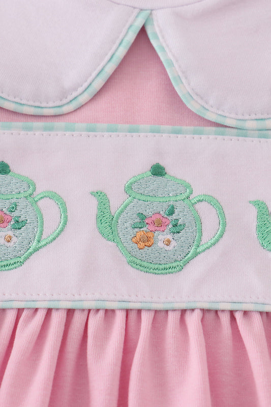 Pink teapot embroidery puff sleeve dress