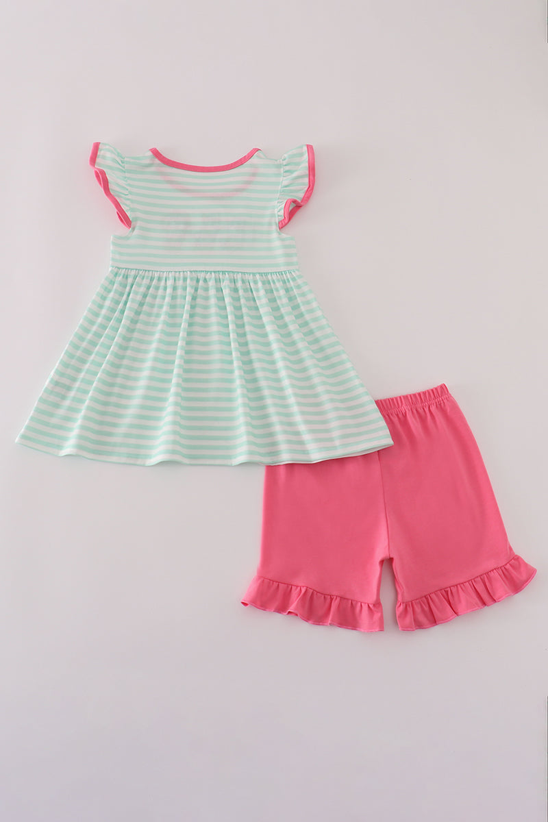 Pink character applique stripe shorts set
