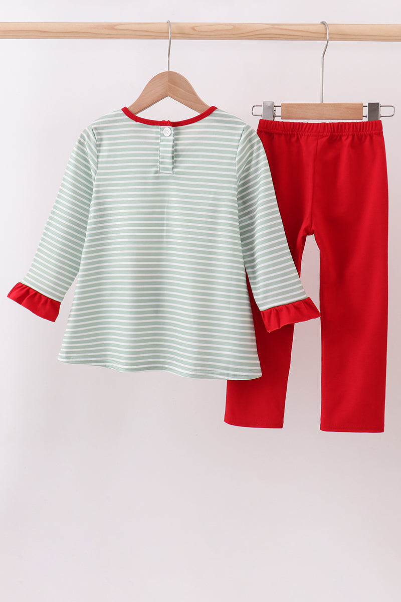 Green farm applique stripe ruffle pants set