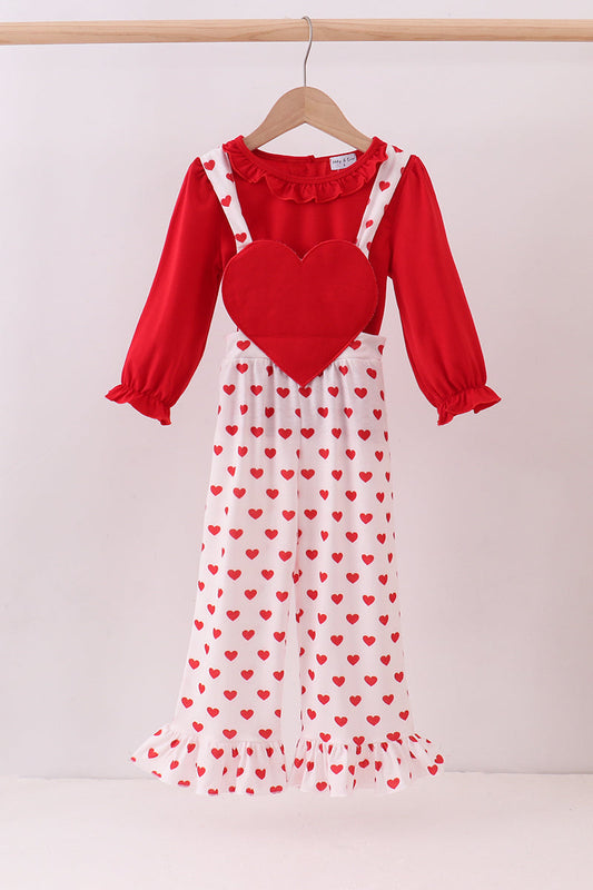 Red heart applique ruffle jumpsuit set