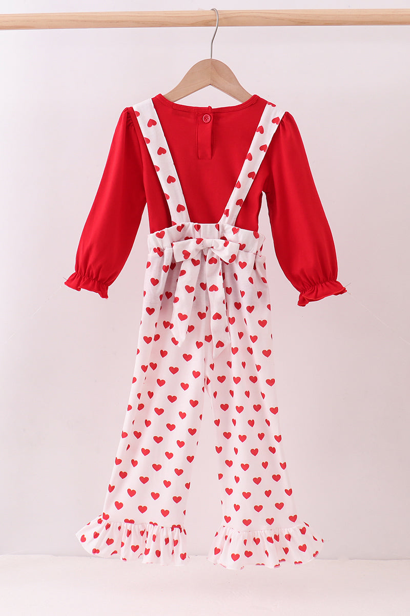 Red heart applique ruffle jumpsuit set
