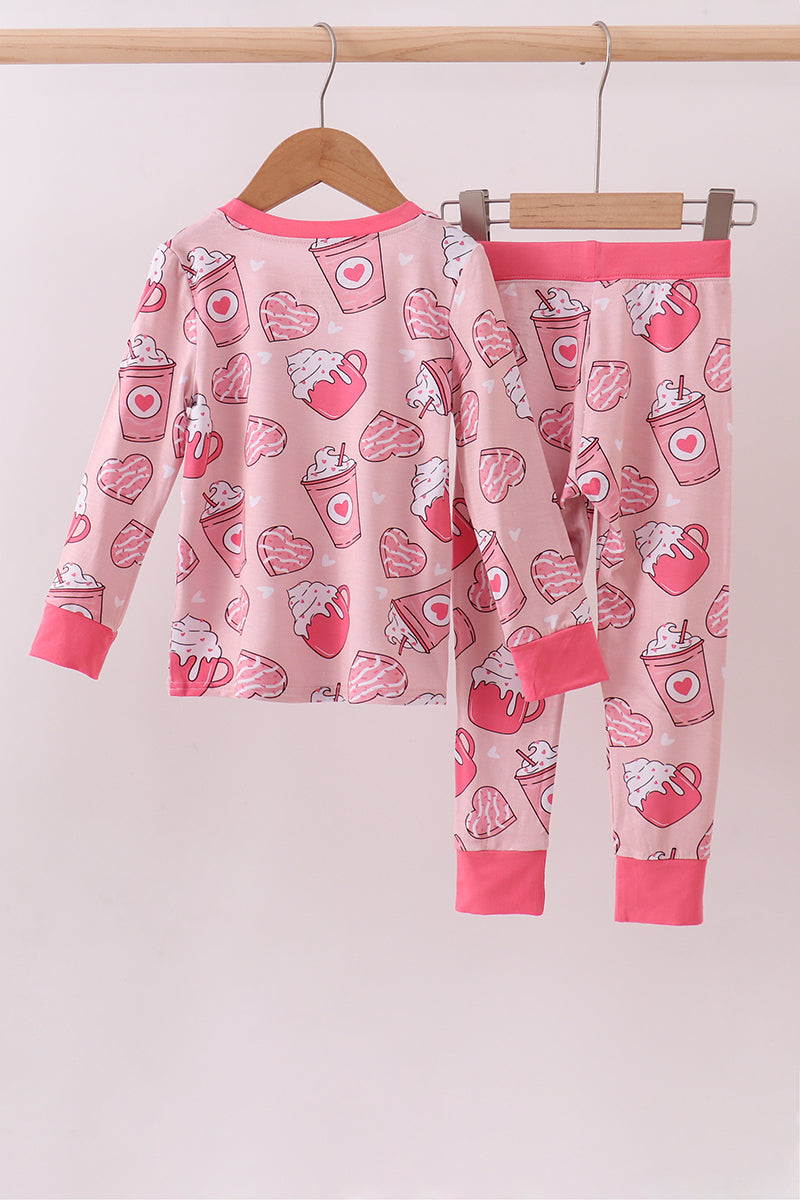 Pink heart print bamboo pajama pants set