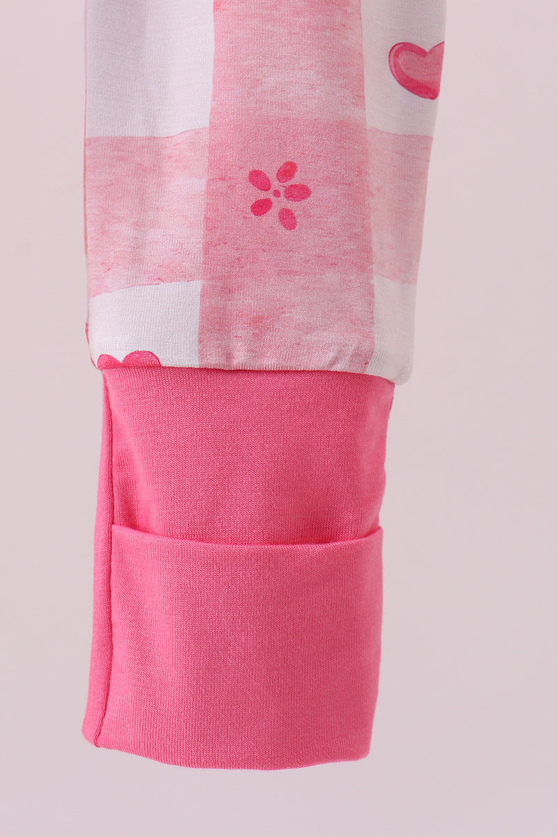Pink heart checkered bamboo ruffle pajama zipper romper